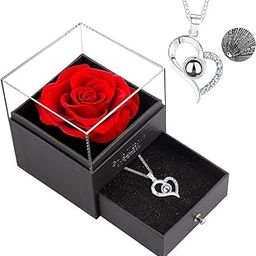 Zipron 1PCS Preserved Real Red Rose, Eternal Rose & Heart Necklace Eternal Rose Flowers Gift with I Love You in 100 Languages Romantic Gifts for Women Mom Wife Girlfriend on Anniversary Birthday(Red)-image-27