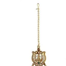 Classy Temple Design Green Colour Stone with Pearls Beads Mang Tikka for Women.-image-36