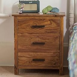 SMAART CRAAFTS Bega Solid Wood Bedside Table for Bedroom - Premium Rectangular Shape with 3-Drawer Storage - Night Stand Cum End Table for Home - Sheesham Wood, Honey Finish-15