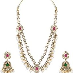 Pink Green Stones Dazzling Kundan Pearls Bridal Necklace & Earring Set For Women-ZPFK21329-image-71
