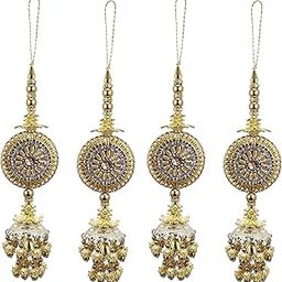 RAADHE CREATION Fancy Golden Hand Made Work Plastic and Fabric Ethnic Lehenga Hanging Tassel Latkan 4 pic (Orange) (Golden)-image-96