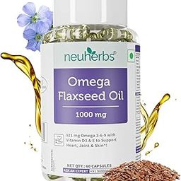 Neuherbs Veg Omega 3 1000mg- 60 Capsules| Cold Pressed Flaxseed Oil Capsule with Omega 3-6-9 For Men & Women | Total 821mg Omega3 with Vitamin D3 & E to Support Heart, Joint & Skin | Veg Capsule Shell Omega3-3