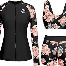 Long Sleeve Swimsuits for Women - 3 Piece Rash Guard with Shorts Zipper SPF Swim Shirt with Built in Bra-image-30