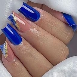FWS Artificial fake Press On Nails Art Set (Set Of 20) Reusable Nails Extension,BridalNails,Stick-On Nails,Manicure Art Set, AcrylicNails,False Nails,DesignerNails | Nail Glue, Nail file, cuticle pusher, cleaning wipe | Glossy Navy Blue Side Marble French Golden Foil Shape Long Square-image-34