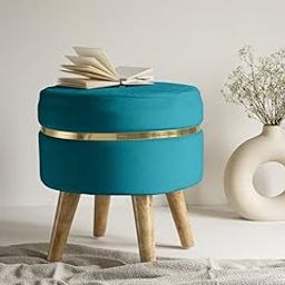 Ereteken ART Round Ottoman with Soft Febric Foot Rest Stool Linen Fabric Padded Seat Pouf Ottoman with Round Shape for Living Room-Light (Aqua)-image-34