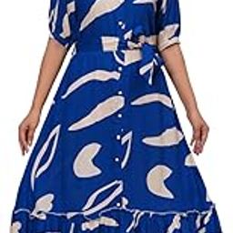 Women's Abstract Print Viscose Rayon Shirt Collar Fit and Flared Ethnic Dress-12