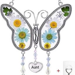 Kingtto Mother's Day Suncatcher Butterfly with Pressed Flower Wings Free Hook,Butterfly-Shaped Glass Wind Chimes with Real Flowers,Birthday for Aunt (Blue&White, Aunt)-image-45