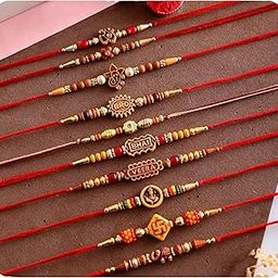 Set Of 10 Rakhi Raksha Bandhan Gift Band Moli Bracelet Wristbands Tilak Elegant Kudan Stone Pearl Designer Rakshasutra for Men| Boys | Brother | Bhaiya with Roli Tilak Pack-2