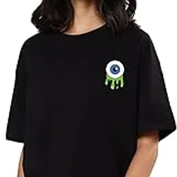 veirdo Oversize Loose Baggy Fit Drop Shoulder Cool and Stylish Latest Pocket Print Eye Design Half Sleeve Black T-Shirt for Women-picture-33