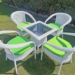PRATHAM BHARAT 4+1 Outdoor Indoor Patio Set Bistro Set Rattan Chair Patio Set Lawn Balcony Hall Outdoor Garden Chair Table Set (D-8 White STR + Green - 4+1)-image-32