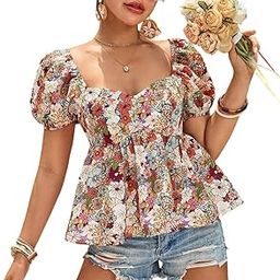 Multicolour Top for Women Flared Hem Printed Puff Sleeve Top for Women-image-35