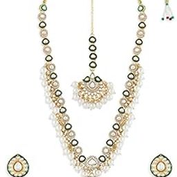 Green Meenakari Kundan Pearls Dazzling Stones Bridal Necklace Earring & Maangtikka Set For Women-ZPFK21424-0