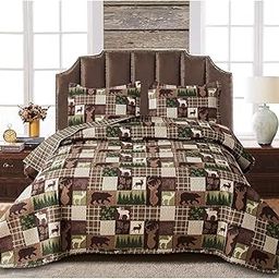 Oliven Reversible Lodge Plaid Bedding Moose Bear Quilt Full/Queen Size Rustic Bedspread Cabin Coverlet Wildlife Forest Daybed Cover Summer Lightweight Bed Cover Pillow Shmas-image-49