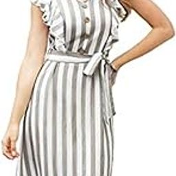 Women's Striped Button Front Ruffle Trim Belted A-line Dress-18