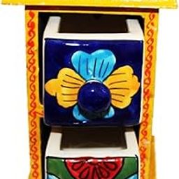 SHRIYAM CRAFT Embossed Painting Handmade Wooden and Ceramic 2 Drawers Small Chest Jewellery Organizer Desk Table (Yellow)-picture-30