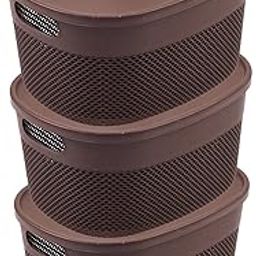 Kuber Industries Unbreakable Small Multipurpose Storage Baskets with lid|Design-Netted|Material-Plastic|Shape-Oval|Color-Brown|Pack of 3-picture-16