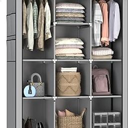 HAUSWAY Foldable Wardrobe/Cabinet/Multipurpose Storage Rack, Collapsible Fabric & Plastic Wardrobe Organizer for Clothes - 3 Door - 10 Shelfes & 2 Hanger Cabinet - Grey-18