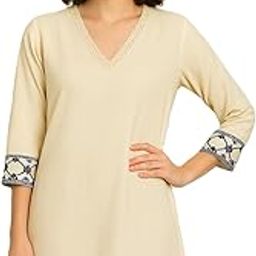 Sangi, Women's Linen Cotton Kurti, Off-White, V-Neck with Blue Embroidery, Three-Quarter Sleeves-picture-5