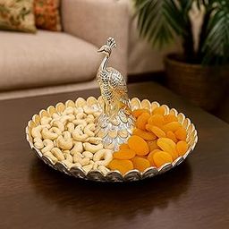 Extreme Karigari Decorative Peacock Bowl with Silver & Enamel Finish | Handcrafted Centerpiece Tray for Home Decor, Festive Gift, Puja & Dining Table Use, Diwali Gift, Dry Fruit Platter-image-32