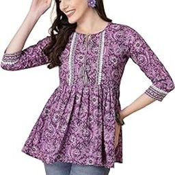 Purple Colored Cotton Floral Printed Peplum Tops for Women-image-43