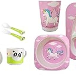 Deepashri™ Bamboo Fibre Dinner Set for Kids | Eco-Friendly Tableware Set Plate Bowl Cup Fork and Spoon Feeding Utensils for Kids and Toddlers Set of 2 (5 Pieces Each) (Panda+Pink_Unicorn)-image-4