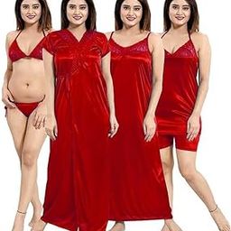 Women's Satin Blend 1 Robe, 1 Nighty, 1 Top, 1 Shorts and 1 Lingerie Set | Short Sleeve, Soft and Comfortable Maxi Nightwear Gown Sleepwear for Daily Use, Lounge and Bedtime (6pcs)-image-99