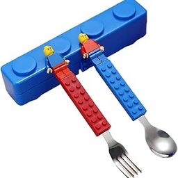 Honbuty Kids Feeding Spoon, Building Block Cutlery Set, Spoon and Fork with Building Blocks Figures ans case, Blue and Red Set-54