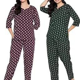 clovia Women's Set of 2 Rayon Printed Top & Pyjama Set in Dark Purple,Green Colour-picture-1
