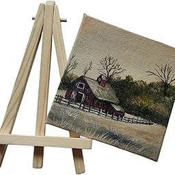 BHAGATH ART STUDIO Mini Canvas Art with Wooden Easel, Red Barn Landscape Painting, 10x10 cm,Home Decor,Fine Art-image-61