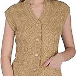 Women Woolen V-Neck Cardigan Sleeveless Self Design Cardigan Rainbow Fabric Winter Wear Pure Wool Cardigan 100% Rainbow Wool Free Size Cotty Fully Warm with Front Pockets (M, Skin)-image-65