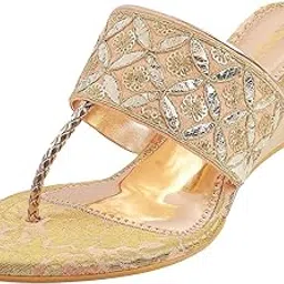 mochi Women's Gold Ethnic Faux Leather Slip On Fashion Heel Sandals-picture-13
