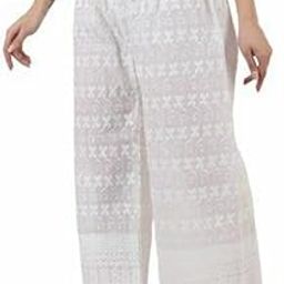 Chikankari Hand Embroidered Palazzo Pants Wide Leg Salwar for Women | Free Size (White)-image-26