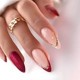 Secret Lives Glossy Artificial Light Pink & Red Color with Red and Golden Glitter Designer Fake False Press on Nails 24 pieces Set with Kit-15