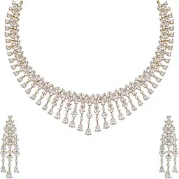 kushal's Fashion Jewellery White Rodium-Gold Polished Zircon Necklace | Short Necklace For Women | With Push Back Hangings - 449310-picture-8