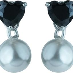 925 Sterling Silver Black Heart & White Plastic Pearl Drop Earrings For Women | Romantic Stud Dangle Earrings | Elegant Lightweight Jewelry For Parties & Gifting-8