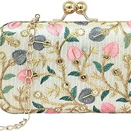 Women Evening Embroidered Hand Clutch | Ladies Party Wedding Purse with Chain Strap & Kiss Lock Closure (7x4 Inch)-image-28