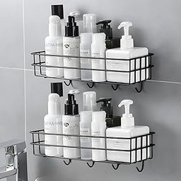 Metal Bathroom Shelf for Wall, Self Adhesive Bathroom Organiser, 4 Hooks for Towel Holder, Space-Saving Wall Mounted Shelf with Elegant Design (Pack of 2)-image-93
