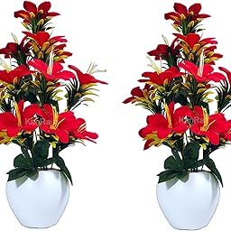 KanRaj ® Lily Artificial Flowers with Apple Pot for Gifting, Home Decor,Bedroom, Balcony, Living Room, Restaurant, Valentine's Day Decoration (Red, Pack of 2)-image-1