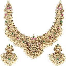 Traditional Temple Lakshmi Design Gold-Plated Necklace Set with Pearl Drops, Pink and Green Stone Embellishments-image-71