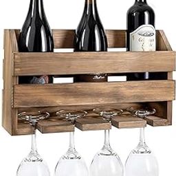 ODEJIA Rustic Wooden Wall Mounted Wine Rack - Wine Bottles & 4 Stemware Glass Holder for Home Bar Cabinet, Kitchen, Farmhouse Decor-image-43