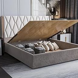 Acacia Modern Upholstered Queen Size Bed with Hydraulic Storage for Bedroom | Wooden Double Beds for Home & Hotels | Platform Cot Bed with Upholstery Fabric, 6.5 x 5 Ft, Sheesham Wood, White-Brown-image-38