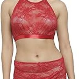 Women Lace High Neck Crop Top Bra Short Skirt Set-image-53