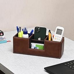 CLADD INTERNATIONAL Compact Desk Organiser Faux Leather Rectangular Stylish Design Use for Storage | Home | Kitchen | Make Up | Card | Mobile | Stationary (Counter Brown)-image-2