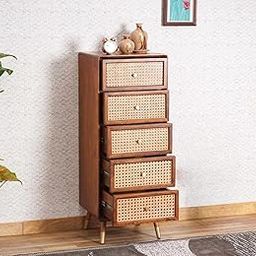 RUSTIC RETREAT Wooden Chest of Drawers | Multipurpose Console Dresser with 5-Compartment Storage Cabinet with Rattan Cane Design for Bedroom, Living Room & Office | Solid Sheesham Wood, Honey Finish-3