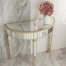 BUNGALOW MERCER Luna Crest Half-Moon Console Table | Modern Entryway Accent with Gold Finish & Beveled Glass Panels | Luxury Wall Table for Foyer, Hallway, or Living Room (90x80x35 CM)-image-61