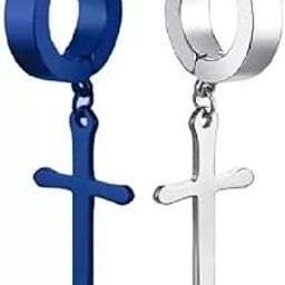 Jewelry Jesus Cross Blue/Silver Stainless Steel Hoop Huggie Earring for Men and Women-image-61