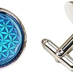 Cufflinks - Yoga Sea Flower (Deep Sea Blue) Cabochon Glass Hand Made Silver Plated, for Men & Women, Office Corporate & Party, in a Gift Box (1 Pair)-image-109