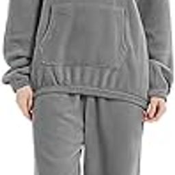 Hooded Fluffy Pajama Set for Women Winter Warm 2 Piece Fleece Pullover Loose Coral Soft Fuzzy Loungewear Sleepwear-image-82
