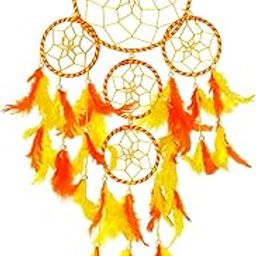 ARTBUG Natural Feathers 5 Rounds Dream Catcher Wall Hanging for Home/Office/Shop/Rooms ( Orange and Yellow )-image-85