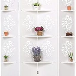 WILDWOOD Decorative & Hand Crafted Wooden Room Divider Screen Wooden Partition with Three Display Shelves Room Separator Showpiece Rack Shelf Partition (White)(72" x 20")-image-22